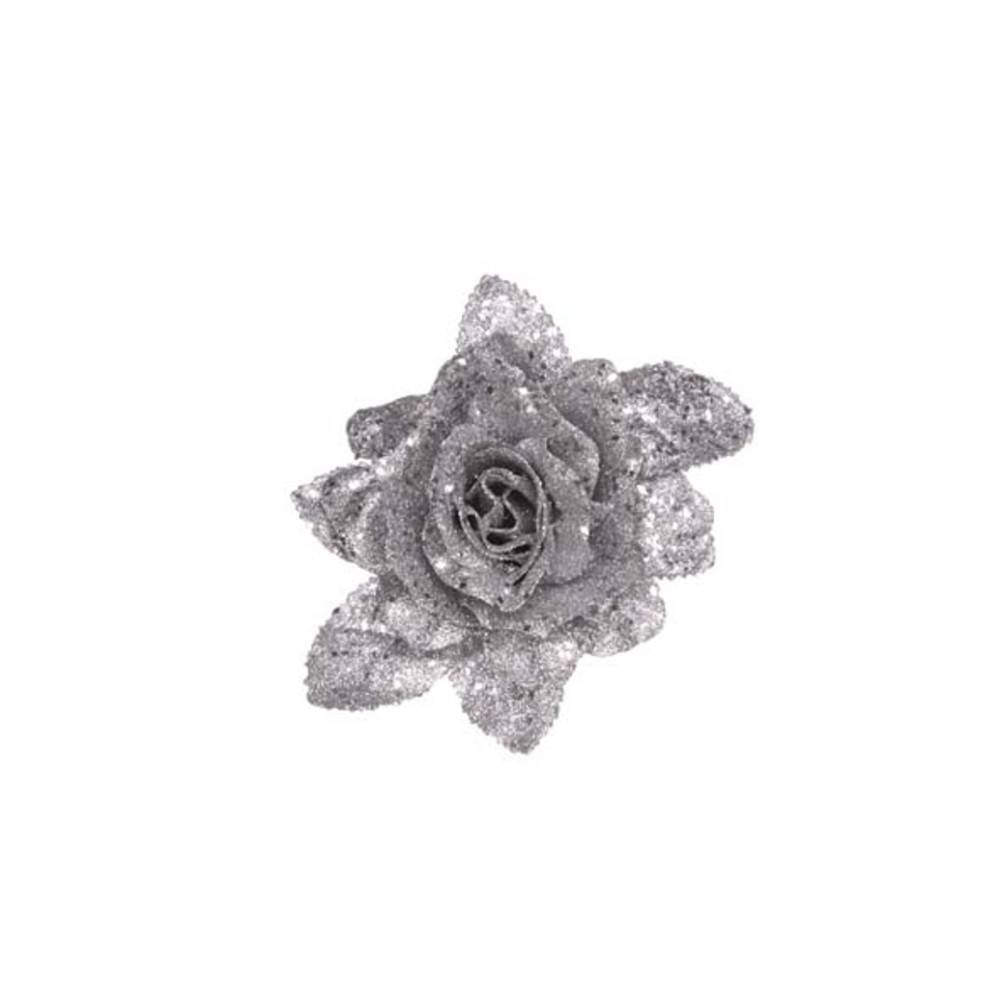 ROSE+FEUILLE BRILL SUR CLIP ARGENT D15CM PLASTIQUE