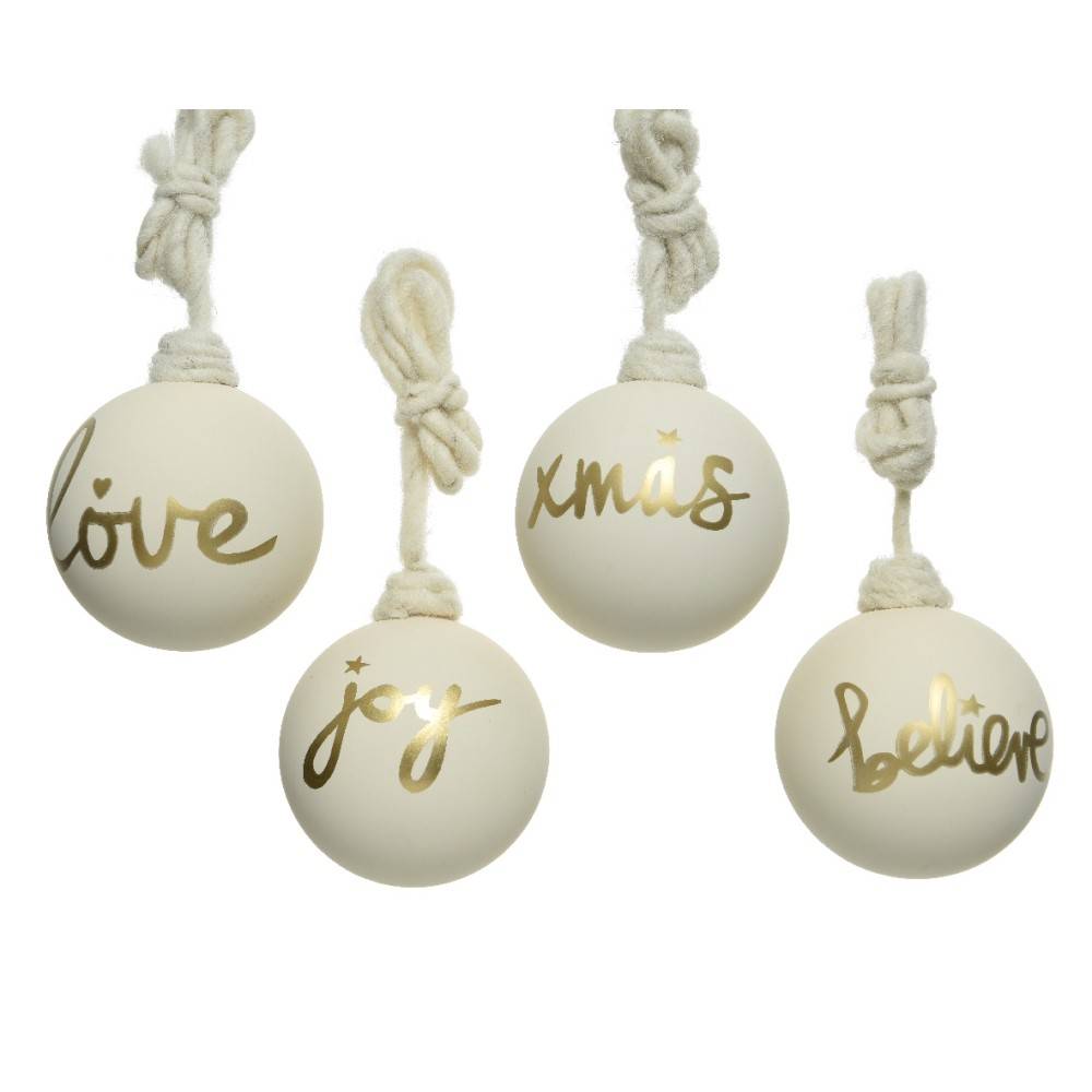 4 White glass baubles with golden writing