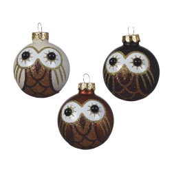 3 owl glass baubles 6cm