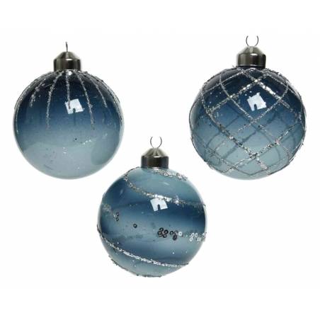 3 Glass blue glitter baubles 8cm