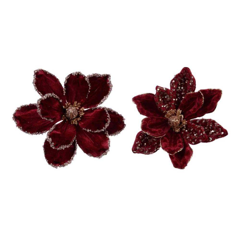 2 burgundy velvet Magnolias on a clip