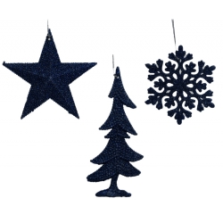 3 Hanging decorations (star-tree-snowflake) night dark blue